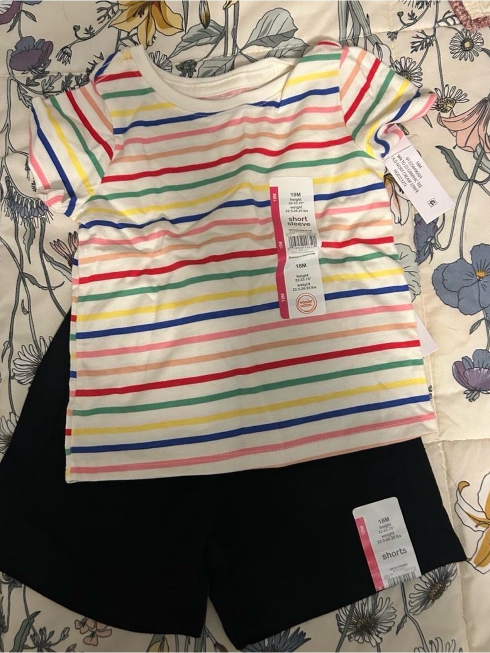 wonder nation White Tee with Rainbow Stripes and Black Shorts Set